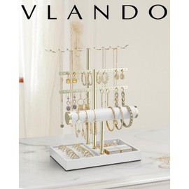 Vlando 3 Tier Jewelry Stand Organizer with Tary, Leather Jewelry Holder Display for Women, Gold Jewlery Holder Display for Necklace, Earring, Bracelet, Rings - White