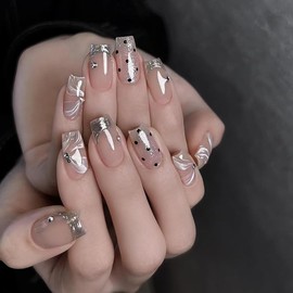 Pikabows Press On Nails Long Coffin Polka Dot Silver Rhinestone French Ballerina Fake Nails Acrylic False Nail Tips Kit Glue on Nails for Women