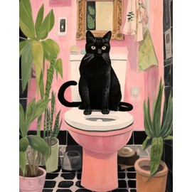 Black Cat Sit on Toilet Oil Painting Paint by Number Kits 16 x 20 inch Canvas Abstract Botanical Pink Green DIY Painting for Kids Students Adults Beginner with Brushes Acrylic Pigment(without Frame)
