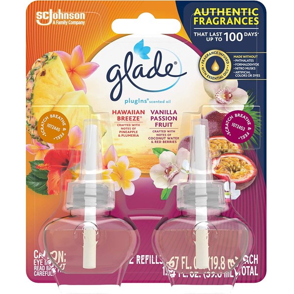 Glade PlugIns Refills Air Freshener, Scented and Essential Oils for Home and Bathroom, Hawaiian Breeze & Vanilla Passion Fruit, 1.34 Oz, 2 Count