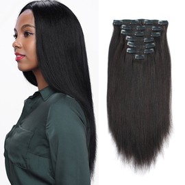 ABH AmazingBeauty Hair Real Remy Thick Yaki Straight Clip Ins Black Hair Extensions for African American Relaxed Hair 7 Pieces 120 Gram Per Set, 14 Inch