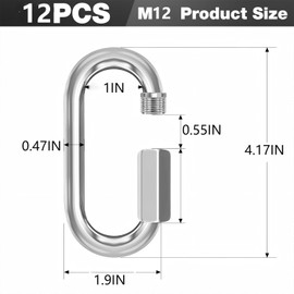 phepetroll M12-12 Pack Quick Links Chain Connectors, 1/2" Galvanized Chain Locking Carabiners Hooks, 2500LBS Heavy Duty Thread Quick Link Clips, Twist Oval Keychain D Shape for Swing, Hiking, Camping