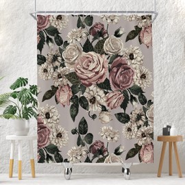EOVDSFW Beige Floral Shower Curtain for Bathroom Set Rose Flower Boho Vintage Spring Victorian Wildflower Blossom Retro Plant Bath Curtain 60 x 72 Inch Polyester Fabric Cloth Waterproof Decor