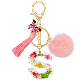 MWOOT Key Ring Letter, Pink Keyring with Initial Letters Butterfly Pompom Tassels Pendant for Women Girls, Resin Key Rings Name for Backpack Handbags Charms, s