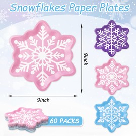 JarThenaAMCS 60Pcs Snowflake Paper Plates Pink Blue Purple Snowflake Shape Plates Snow Disposable Plates for Winter Holiday Party Tableware Supplies