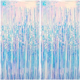 2 Pack Iridescent Fringe Curtain,3.28x6.56 FT Iridescent Backdrop,Mermaid Birthday Party Decorations,Under The Sea Backdrop,Tinsel Foil Fringe Curtain for Beach,Ocean Theme,Photo Booth,Door Streamers