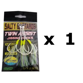 PROYAKER Salty Bastards Glow Twin Assist Hooks Set of 2 by PROYAKER,  lot also available  - 4/0 Long Line Glow 1 pack of 2 sets each