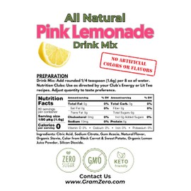 GramZero All Natural Pink Lemonade Zero Calorie Sugar Free Drink Mix, Great For Nutrition Club Loaded Tea, Stevia Sweetened