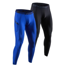 DEVOPS 2 Pack Men's Compression Pants Athletic Leggings with Pocket (Large, Black/Blue)