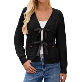 BMJL Womens Cardigan Sweater Cropped Tie Front Bow Sweaters Cable Knit Long Sleeve Trendy Clothes 2024（S,Black）