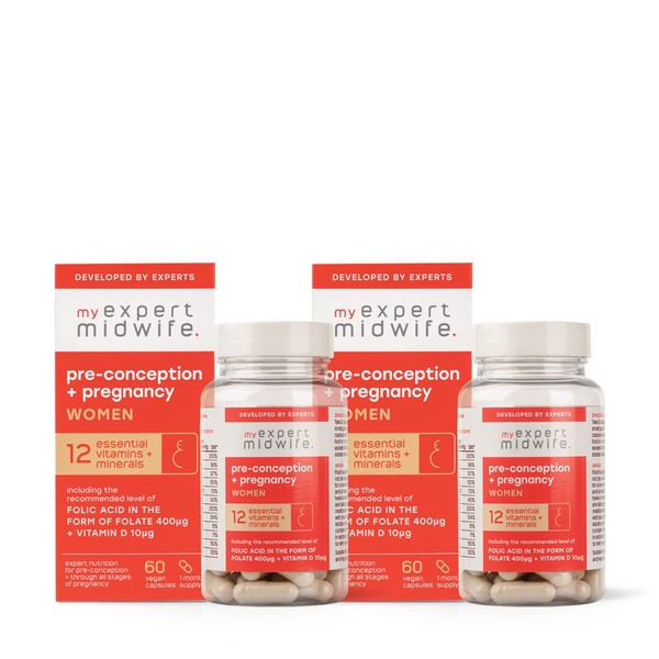 My Expert Midwife Pre-Conception & Pregnancy Women's Vegan Supplements Duo, 12 Essential Prenatal Vitamins & Minerals, Including 400μg Natural Folic Acid from Folate, 10μg Vitamin D, 120 Capsules