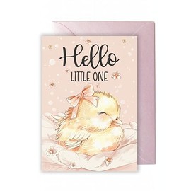 WBdesignz Baby Card for Birth with Envelope in Pastel - "Hello Little One" - Cute Illustrated Chick with Bow - Pink Welcome Card for Girls (A6)