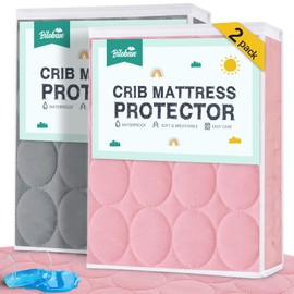 Crib Mattress Protector Sheets Waterproof 2 Pack, Quilted Crib Mattress Pad Cover Fitted Fits for Baby Toddler Bed Mattress, Grey & Pink, 52” x 28”
