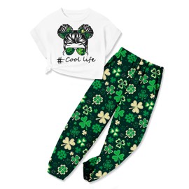 CRISONE St Patrick'S Day Outfits for Girls Size 7-8 Figure Graphic Crop Tops T-Shirts Shamrock Pants 2 Piece St Patrick Day Outfit for Girls