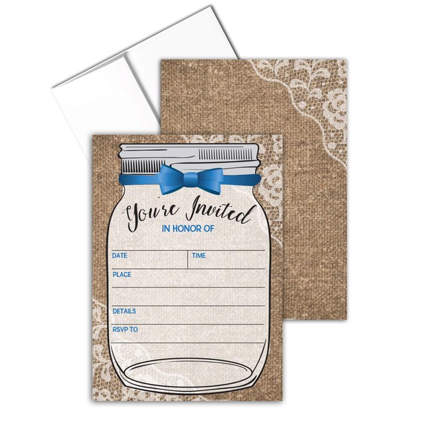 Baby Shower Invitations - 25 Baby Boy Shower Invites & Envelopes (Boy Mason Jar)