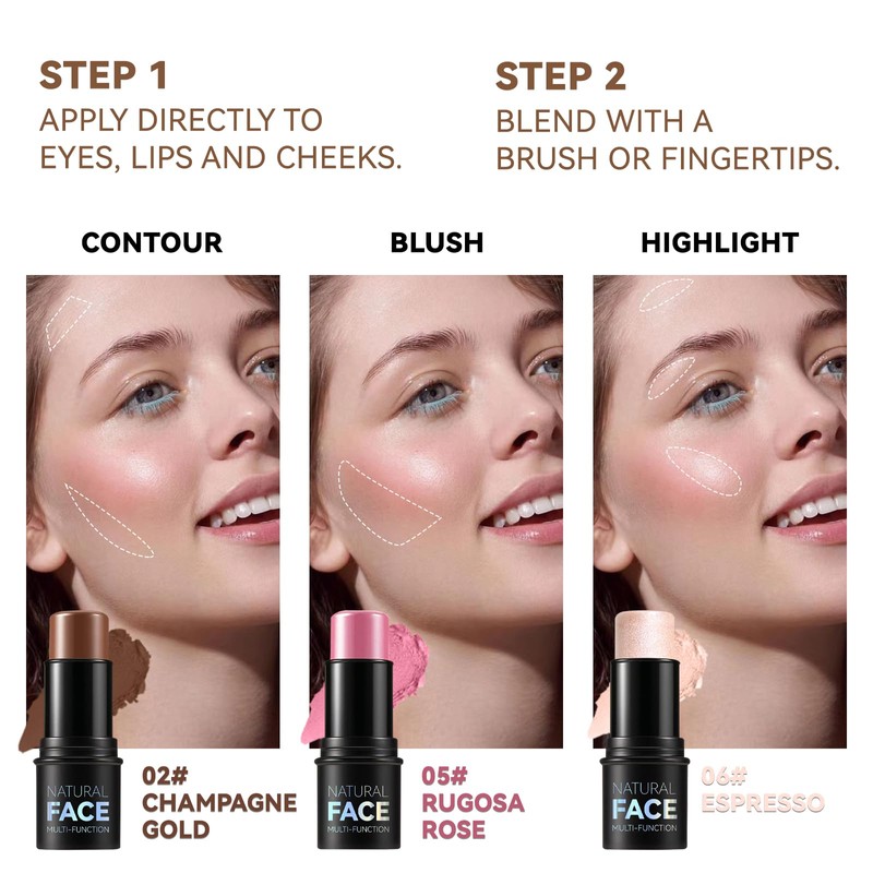 3 Colors Cream Contour Stick, Shades with Highlighter Stick,Blush Stick