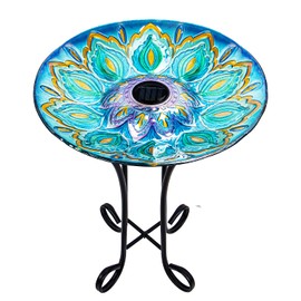 Glass Bird Bath Outdoor with Metal Stand for Lawn Yard Garden Decor Solar Large BirdBath Peacock Bird Feeder