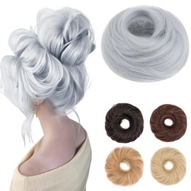 Benehair Messy Bun Hair Scrunchies Curly Hair Buns Hairpiece Synthetic Ponytail Bun Extensions Silver Grey Hair Pieces for Women (Silver Grey, 55g)