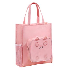 LJCZKA Cat Tote Bag with Inner Pockets for Girls Boys Book Carry Bag with Zip Large for School Work Travel Beach, pink