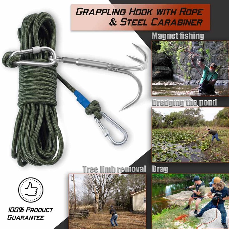 PIOSRTRR Grappling Hook with Rope-Includes Nylon Rope 6/8/10mm 50FT,Functional Grapple
