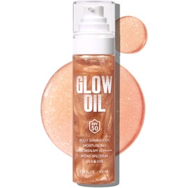 Body Glow Oil, Broad Spectrum SPF 50, Glitter Shimmer Sunscreen Body Oil Lotion with Sequin Mica, Lightweight Non-Sticky Moisturizer with Coconut, Skin Illuminator Glowing Results (02# Rose Gold)