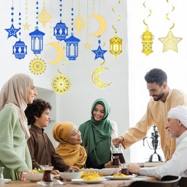 KRANX 12PCS Ramadan Decorations(Blue&Gold) - Hanging Eid Mubarak Decorations, Swirl Shining Star Moon Lantern Ramadan Garland Kit, EID Decoration for Home, Ramadan Mubarak Party Decoration