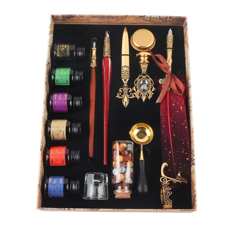 Feather Pen Set European Style British Retro Lacquer Stamp Dipped