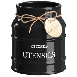 Barnyard Designs Ceramic Farmhouse Utensil Holder for Kitchen Counter, Large Rustic Utensil Crock, Countertop Cooking Tool Spatula Organizer, 6.75” (Black)