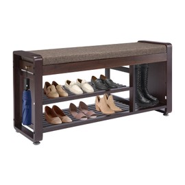 YUKOOL Bamboo Shoe Storage Bench, 3-Tier Shoe Rack with Padded Seat Cushion, Shoe Organizer Shelves for Entryway, Living Room, Bedroom, Hallway, Grey 37.4”