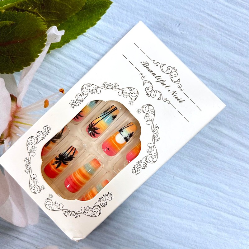 Summer Beach Press on Nails Medium Ballet Shaped Coconut Tree