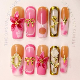 Handmade Press on Nails Long Square Fake Nails French False Nails with Golden Rose & 3D Flower Luxury Pearl Bow Thickened Acrylic Nails Design Full Cover Flower Press on Nail for Women Nail Artï¼ˆM)