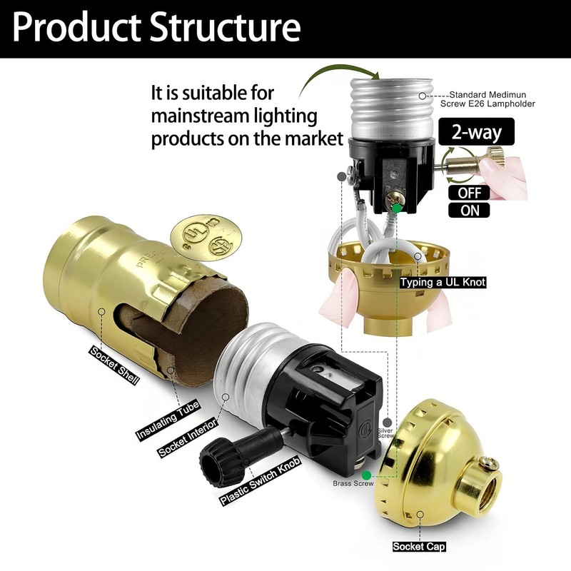 L&M Lamp Socket Replacement, E26 Threaded Base, Turn Knob for