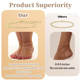 Poxtex Extra Large Anklets for Women Large Ankle, 14K Real Gold Dainty Anklets for Women Waterproof, 10"+2" Adjustable Large Ankle Bracelets for Women Plus Size, Ankle Bracelets for Women Trendy,