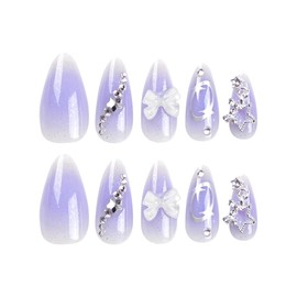 KTAABTR Purple Press on Nails Medium Almond Shape Fake Nails with Glue 3D White Bow Stars Nail Charms Gems Design Full Cover False Nails for Woman DIY Glitter Glossy Acrylic Nails Stick on Nails