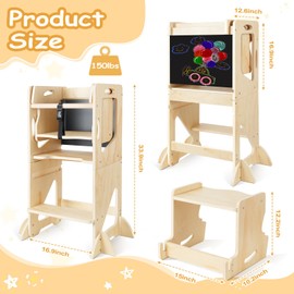5 in 1 Adjustable Height Toddler Kitchen Step Stool with Wooden Stool, Learning Standing Tower with Blackboard, Kids Wooden Kitchen Stool Helper, 1-3 Years Old Boys Girls Gift