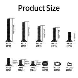 820 Pcs M4 Bolts and Nuts Set, M4 Countersunk Bolts, M4 Nuts and Bolts Assortment, Machine Screws Bolts Nuts & Lock Washers & Spring Washers, Flat Head Hex Socket Head Cap Screws Bolts Set, Black (M4)