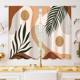 Oolygo Boho Abstract Small Kitchen Curtains Mid Century Leaf Window Treatment Brwon Geometric Modern Cafe Short Window Curtains for Bathroom Dining Laundry Room Tier Treatment Drapes 27.5x39 inch