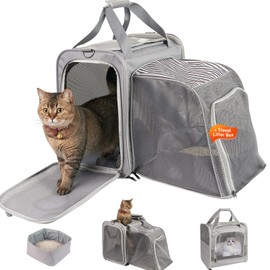 Large Cat Carrier with Litter Box, 16.5"x11.8"x16.5" Cat Carrier for Car Travel, Cat Travel Carrier with Litter Box for Long Distance, Soft-Sided Expandable Pet Carrier for Medium Large Cat