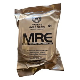 Genuine USGI Individual MRE [Meal, Ready to Eat] Inspection Date 01/2024 or Newer - You Choose Menu - Complete Ration with Entree, Snacks, Dessert, Drink Mix, Utensils, Condiments and FRH. (#9 Beef Stew)