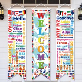 party greeting 3PCS International World Flags Decorations Country Flags of the World Banner Welcome World Porch Sign Banner Around the World Door Banner Soccer Sports Party Supplies Classroom Decors