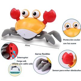 Yarazora - Cangrejo Juguete para Gatear, Juguete para Niño Interactivo con Sonido Luces LED, Carga USB, Automático para Evitar Obstáculos, Juguete Educativo Regalo de Navidad (Naranja)