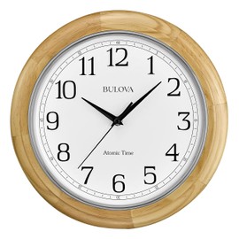 Bulova C5005 Wooden Atomic Analog Wall Clock | Automatically Sets Time | Large Roman Numerals | Battery Operated | Traditional Design