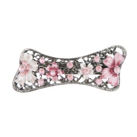 Ladies Enamel Floral Diamante Diagonal Bow Metal Vintage Hair Barrette Clip (Pink)