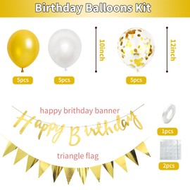 White Gold Birthday Decorations - Happy Birthday Banner Set with White Gold Confetti Latex Balloons for Men, Boys, Women and Girls Party Decoration