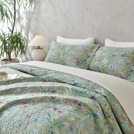 QSH 3Pcs Green Floral Quilt Oversized Queen Size (102"x118") -100% Cotton Quilt Oversized Queen Set Summer Flower Bird Butterfly Printed Bedspread Coverlet Extra Soft Lightweight with Pillowcases