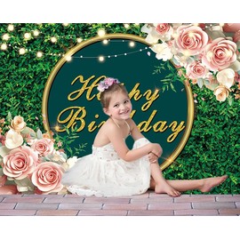 Greenery Happy Birthday Backdrop Green Leaves Flowers Lights Photography Background 30th 40th 50th Adult Birthday Baby Shower Party Decorations Photo Banner (7x5FT（210x150cm）)