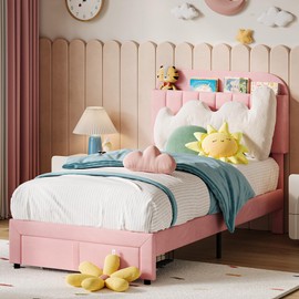 IDEALHOUSE Twin Bed Frame for Kids, Upholstered Platform Bed with Large Storage Drawer and Bookcase Headboard, Girls Bed, Noise-Free, Easy Assembly, No Box Spring Needed, Light Pink