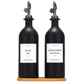 HOMCDALY Olive Oil Dispenser for Kitchen, Glass Olive Oil Dispenser Bottle, Black Oil and Vinegar Dispenser Set, Kitchen Oil Dispenser with Bamboo Tray, Oil Cruet| Set of 2 (16oz – Black)