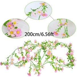 CISDUEO Artificial Daisy Flowers Vine Silk Wildflower Garland Spring Fake Flower Vine Hanging Ivy Pink Daisy Flowers Green Leaves for Wall Party Wedding Arch Floral Decor Indoor Outdoor Ceremony