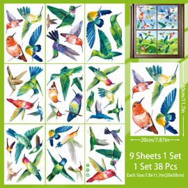 Zindoo 9 Sheet Spring Summer Birds Window Clings, 38Pcs Double Sided Beautiful Hummingbird Birds Window Stickers Decals Anti Collision, Reusable Static Cling Window Stickers for Glass Window Doors